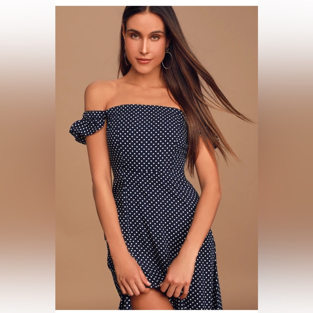 Dream Love Navy Blue Polka Dot Off-the-Shoulder Maxi Dress - Picture 3 of 6